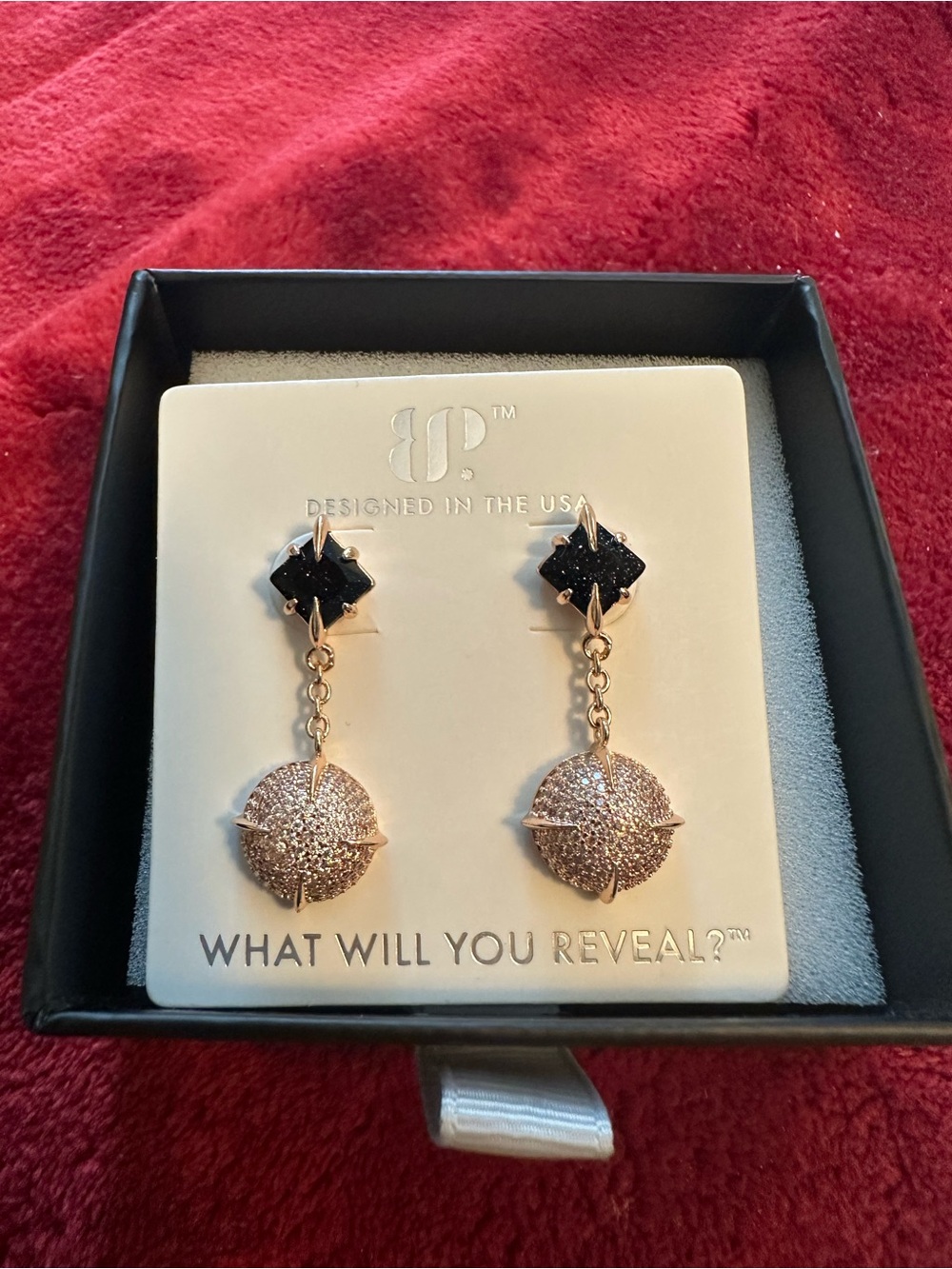 BP Rose Gold Drop Earrings with Black Accent Stones